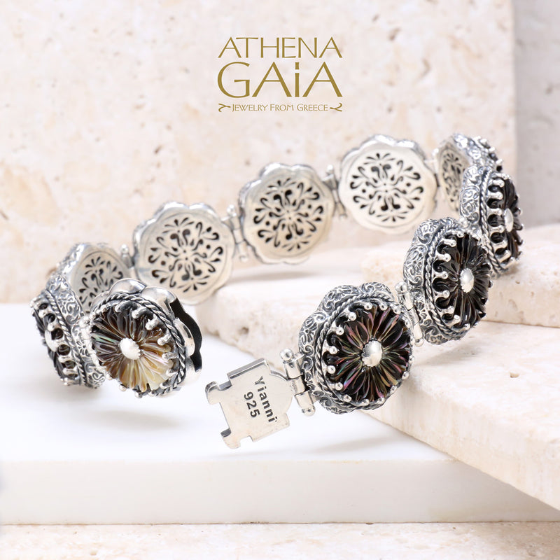 Mother of Pearl Flower Bracelet - Sterling Silver Bracelet - Link Bracelet