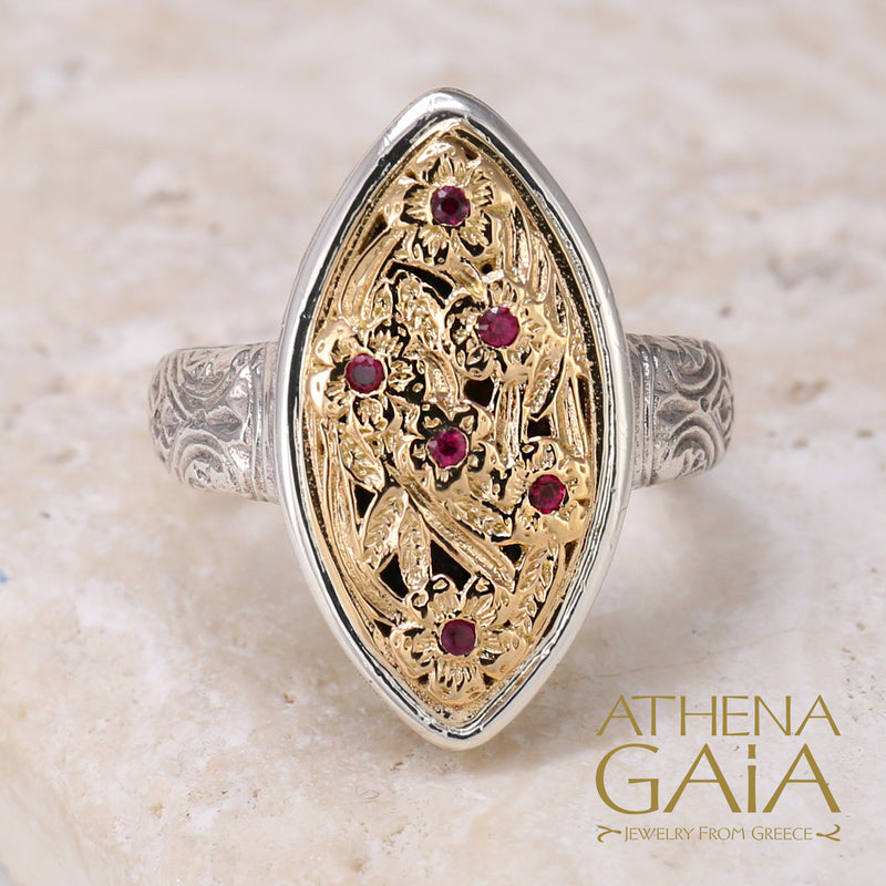 Meadow Shadows Harmony with Rubies Ring - 18k Gold & Sterling Silver Ring - Cocktail Ring