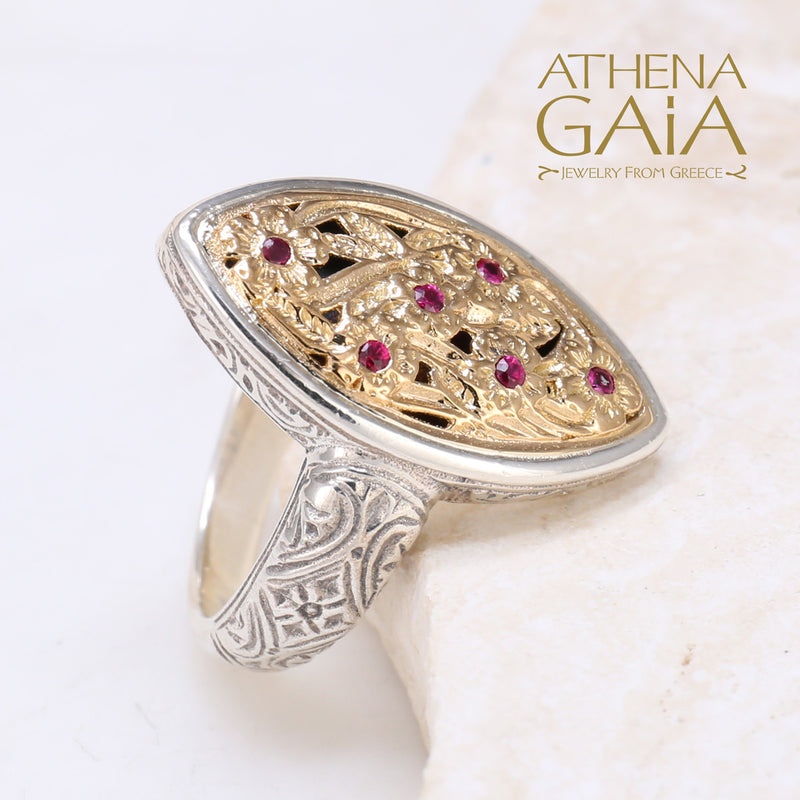 Meadow Shadows Harmony with Rubies Ring - 18k Gold & Sterling Silver Ring - Cocktail Ring