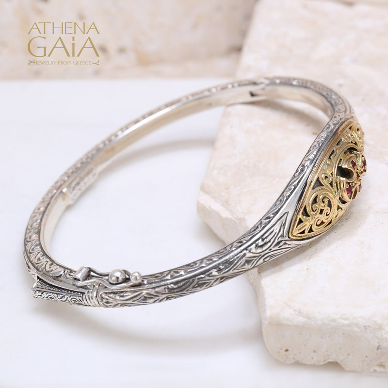 Maltese Cross Prolate Bracelet - 18k Gold and Sterling Silver - Hinged Bangle Bracelet