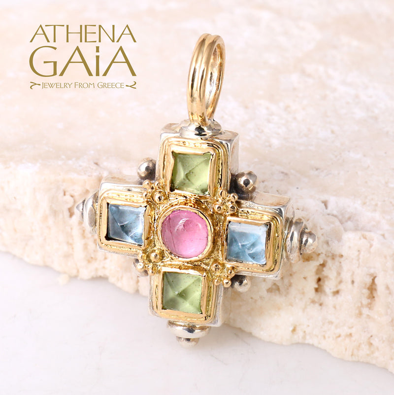 Aegean Stone Cross (Large) - 18k Gold & Sterling Silver - Greek Cross Necklace