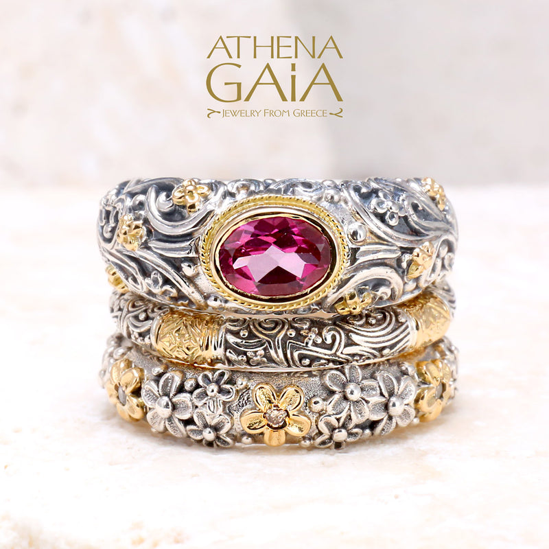 Meadow Breeze Large Stone Band Ring - 18k Gold & Sterling Silver Ring - Stackable Ring