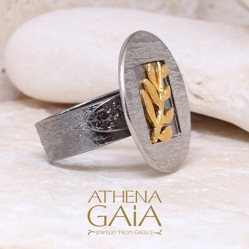 Round Champion Olive Branch Ring - 14k Gold & Sterling Silver Ring