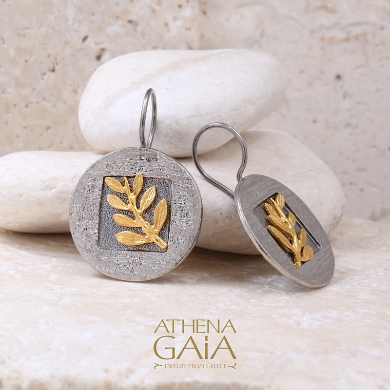 Open Hook Round Champion Olive Branch Earrings -14k Gold & Sterling Silver Earrings - Hook Earrings