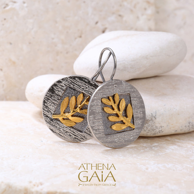 Open Hook Round Champion Olive Branch Earrings -14k Gold & Sterling Silver Earrings - Hook Earrings