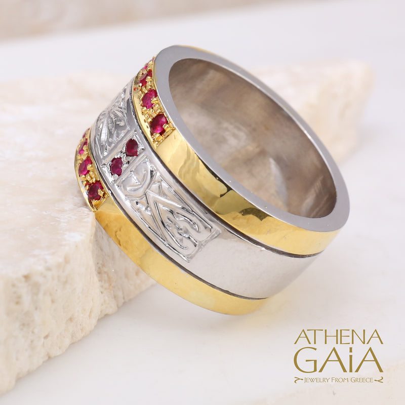 Anthemion Double Row Ring - 18k Gold & Sterling Silver Ring - Cigar Band Ring