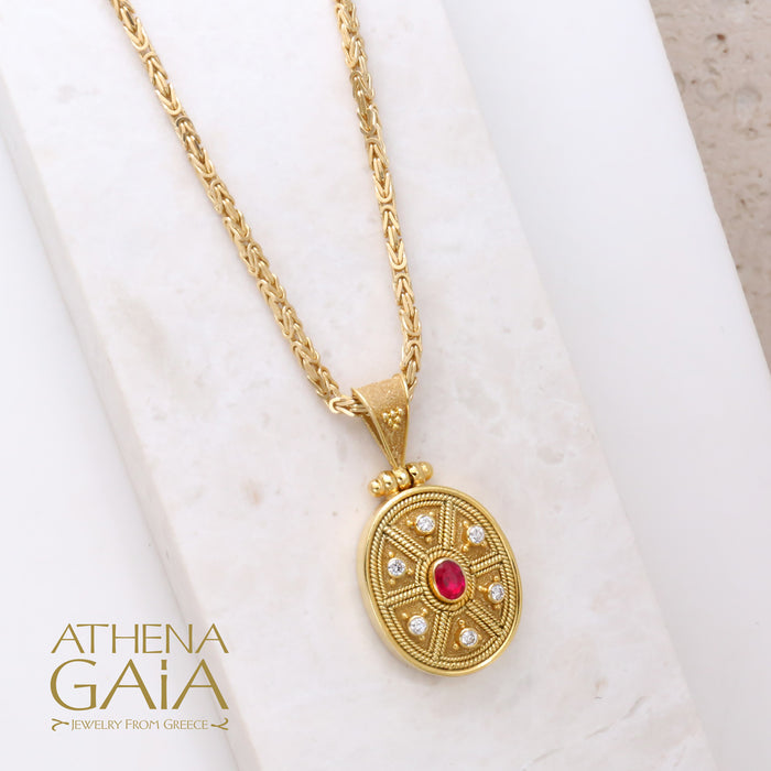 18k Gold Byzantine Damaskos Pendant with 6 Diamonds and a Ruby