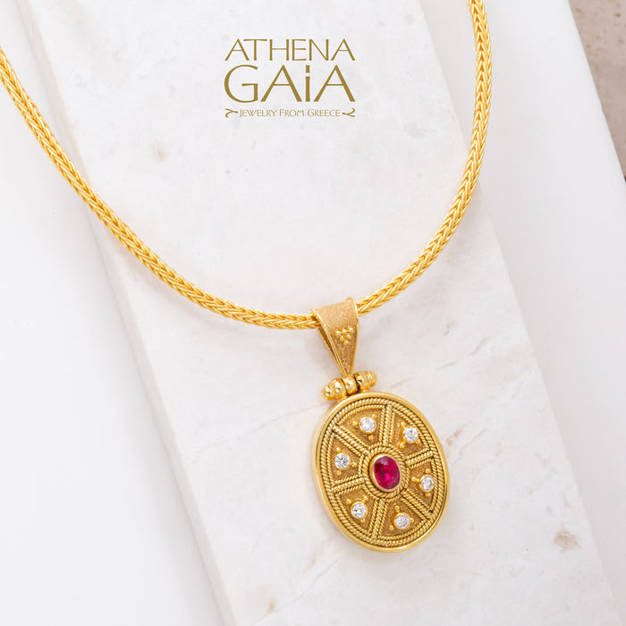 18k Gold Byzantine Damaskos Pendant with 6 Diamonds and a Ruby