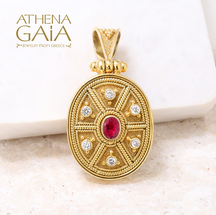 18k Gold Byzantine Damaskos Pendant with 6 Diamonds and a Ruby