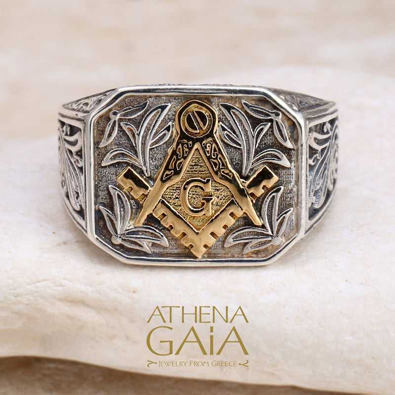 Freemason Masonic Ring - 18k Gold & Sterling Silver Ring - Signet Ring