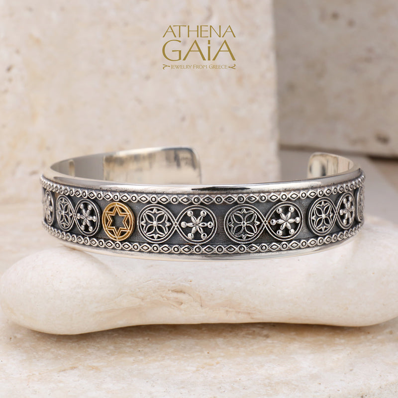 Star of David Open Bracelet - 18k Gold & Sterling Silver - Cuff Bracelet