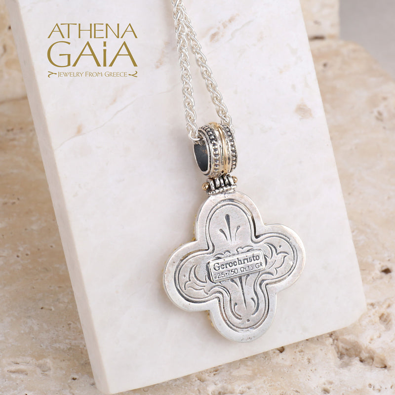 Gold Border Mother Mary Rounded Greek Cross - 18k Gold & Sterling Silver - Orthodox Cross Necklace