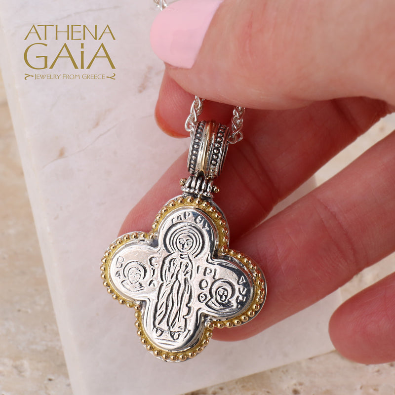 Gold Border Mother Mary Rounded Greek Cross - 18k Gold & Sterling Silver - Orthodox Cross Necklace