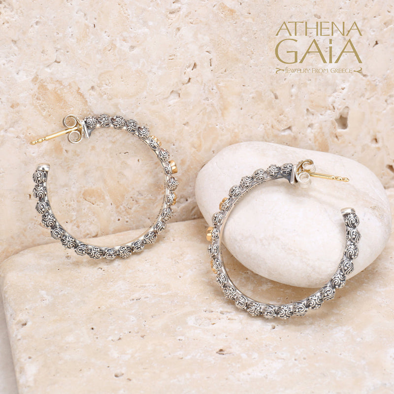 Wild Flowers Single Round Stone Earrings (Large) - 18k Gold & Sterling Silver - Hoop Earrings