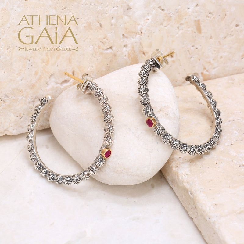 Meadow Breeze Single Round Stone Earrings (Large) - 18k Gold & Sterling Silver - Hoop Earrings