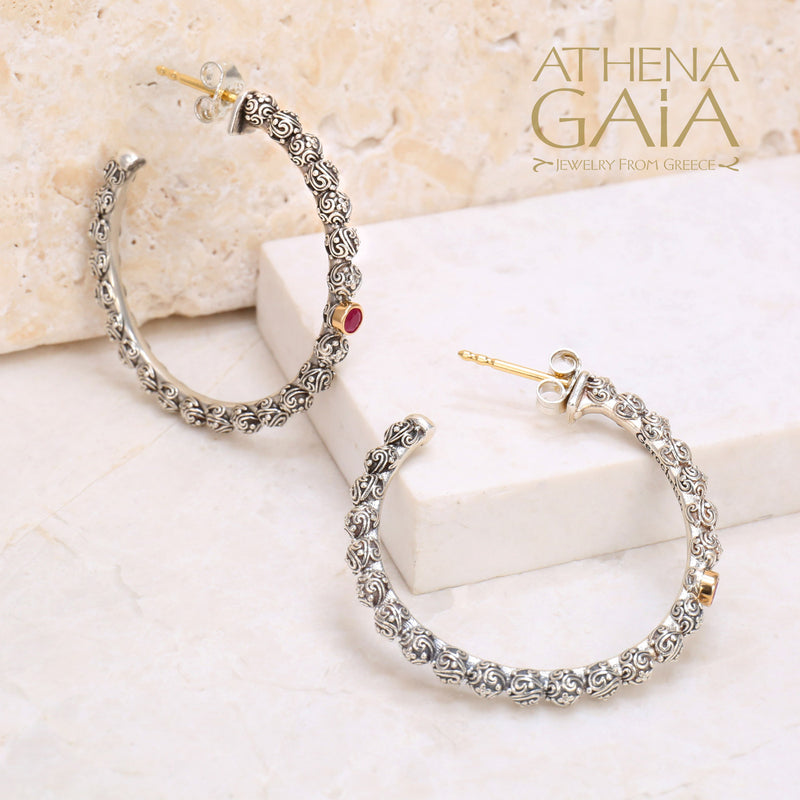 Meadow Breeze Single Round Stone Earrings (Large) - 18k Gold & Sterling Silver - Hoop Earrings