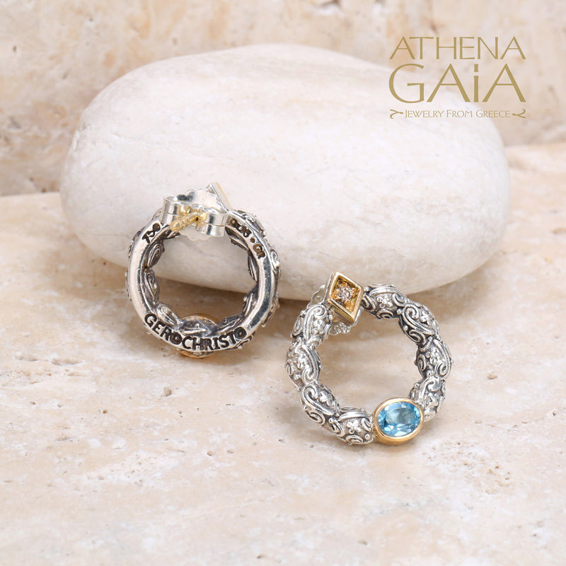 Single Oval Stone Small Stud Cycle Earrings - 18k Gold & Sterling Silver Earrings