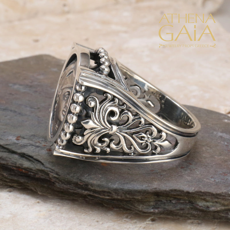 Athena Silver Coin Ring - Sterling Silver Ring - Signet Ring