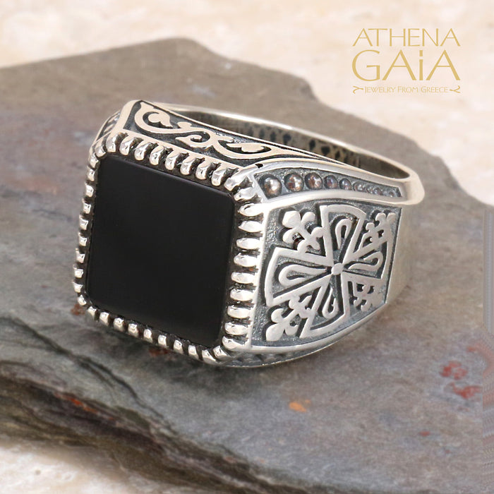 Size 6.75 Onyx Etched Silver Signet Ring (FINAL SALE)