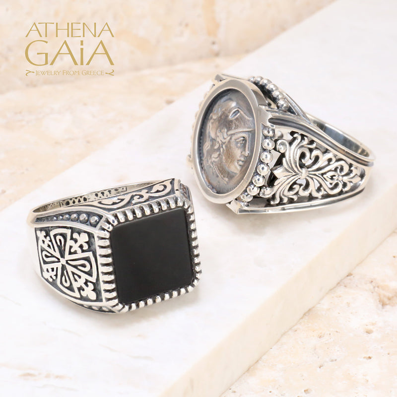 Athena Silver Coin Ring - Sterling Silver Ring - Signet Ring
