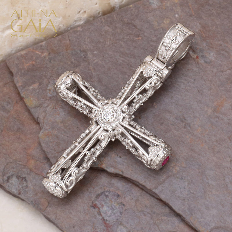 Diamond Halo Filigree Orthodox Cross (Large) - 18k Gold - Byzantine Cross