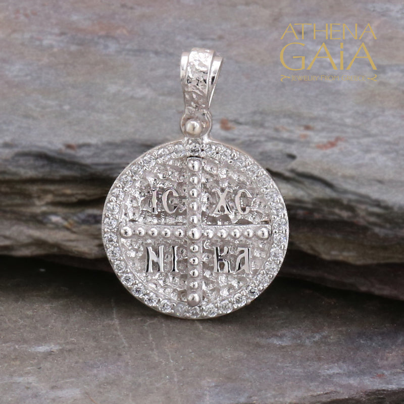 ICXC NIKA Circular Stone Edged Konstantinata Cross - 14k Gold