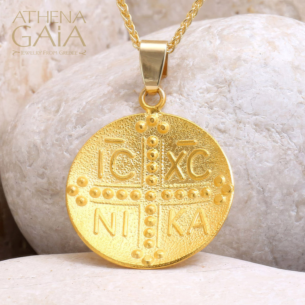 ICXC NIKA Justinian and Theodora Concave Cross (Large) - 14k Gold - Coin Konstantinata