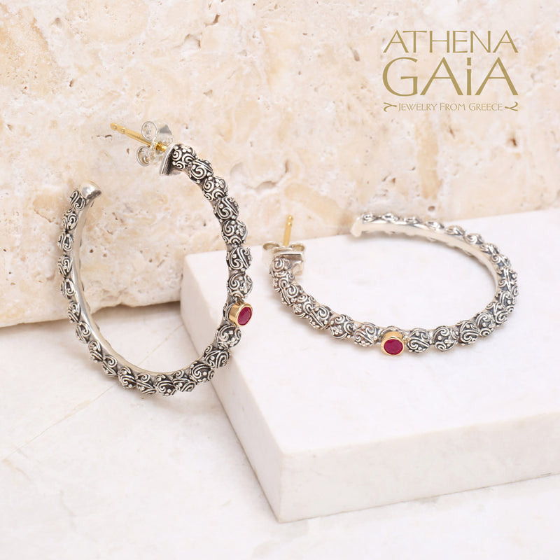 Meadow Breeze Single Round Stone Earrings (Large) - 18k Gold & Sterling Silver - Hoop Earrings