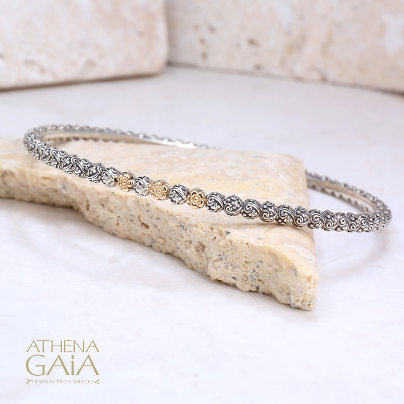 Wild Flowers Bracelet - 18k Gold and Sterling Silver - Solid Bangle Bracelet