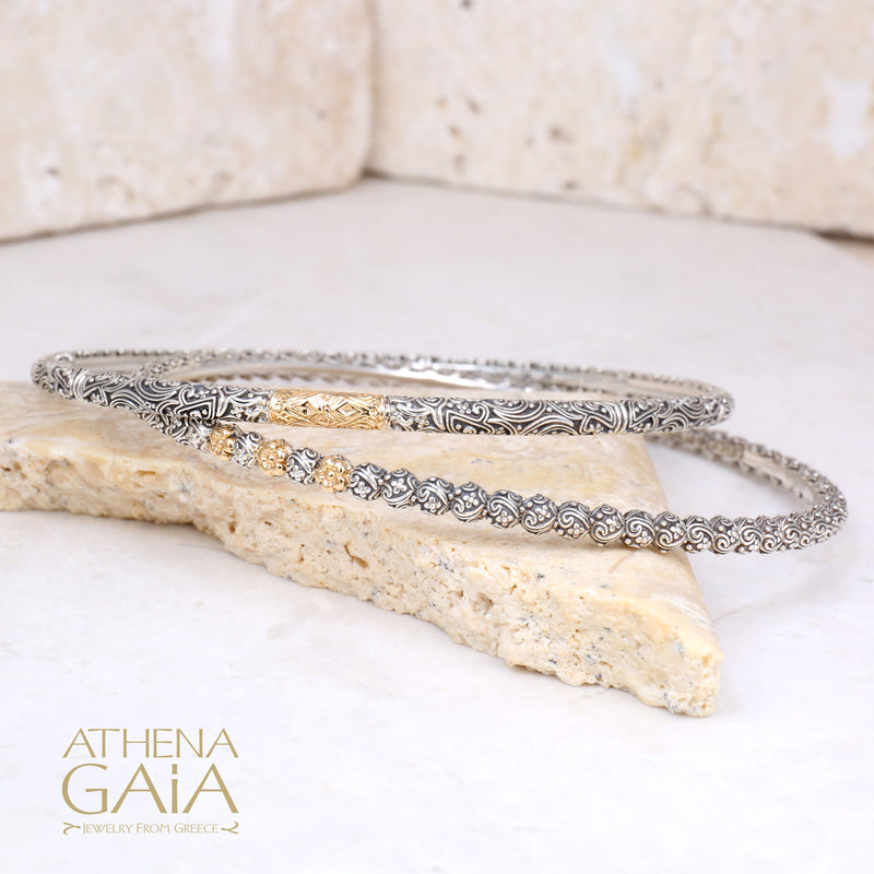 Wild Flowers Bracelet - 18k Gold and Sterling Silver - Solid Bangle Bracelet