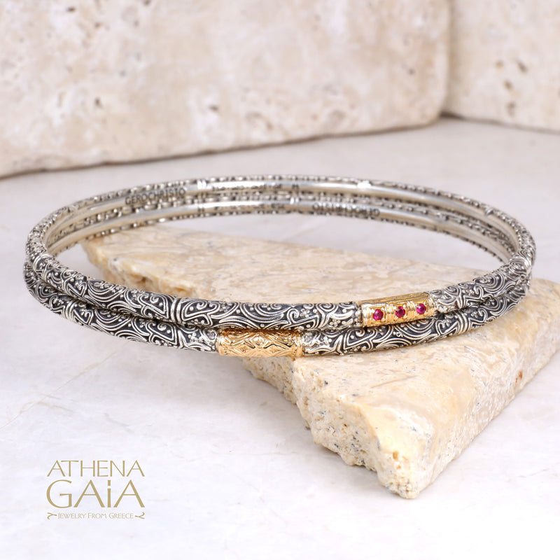 Meadow Breeze Single Accent Bracelet - 18k Gold and Sterling Silver - Solid Bangle Bracelet