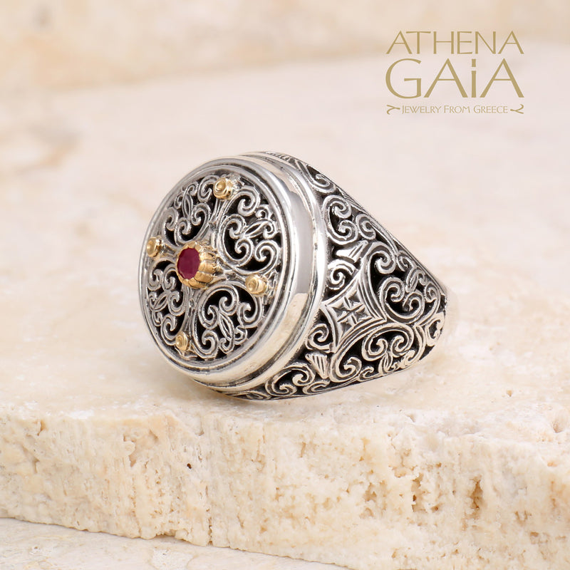 Synergy Cross Ring - 18k Gold & Sterling Silver Ring - Signet Ring