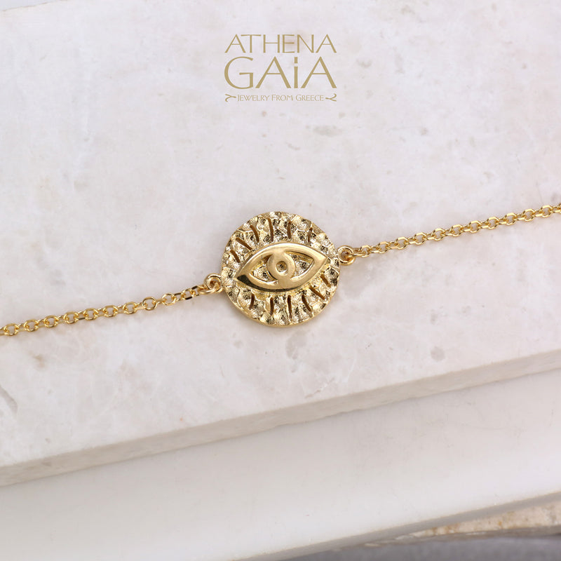 Mati on a Hammered Disc Pendant Bracelet - 14k Gold - Evil Eye Bracelet