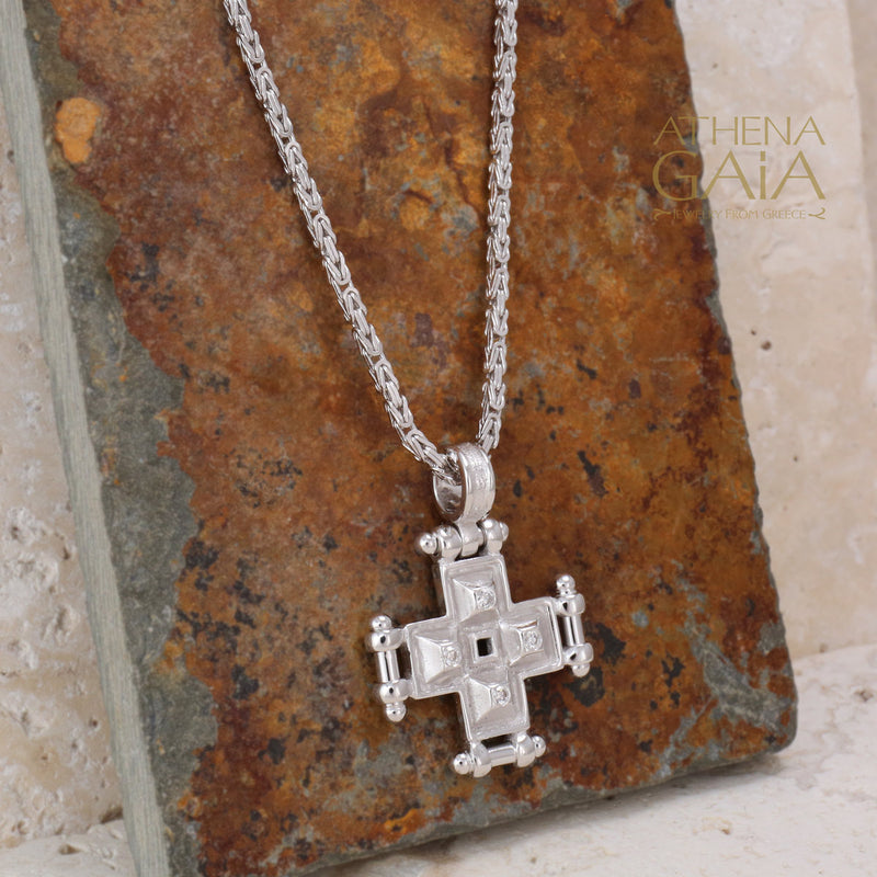 Shadow and Light Flanked 4 Diamond Greek Cross - 18k Gold - Orthodox Cross