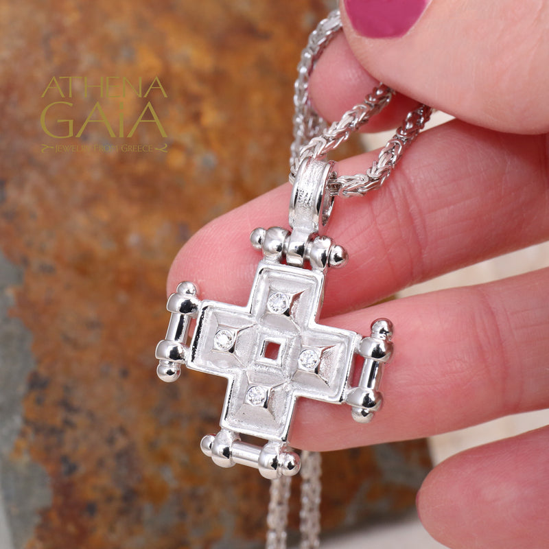 Shadow and Light Flanked 4 Diamond Greek Cross - 18k Gold - Orthodox Cross