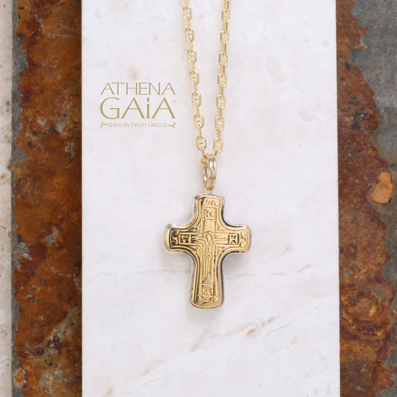 ICXC Crucifix Latin Cross - 18k Gold and Sterling Silver - Cross Necklace