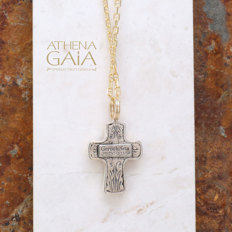 ICXC Crucifix Latin Cross - 18k Gold and Sterling Silver - Cross Necklace