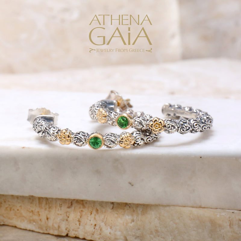 Wild Flowers Single Round Stone Medium Earrings - 18k Gold & Sterling Silver - Hoop Earrings