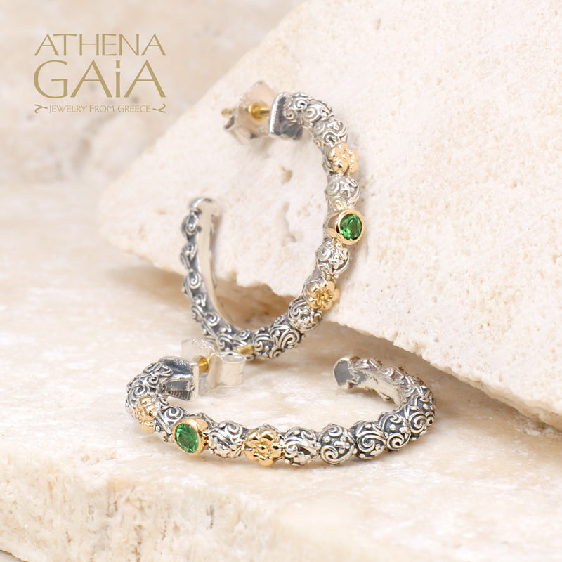 Wild Flowers Single Round Stone Medium Earrings - 18k Gold & Sterling Silver - Hoop Earrings