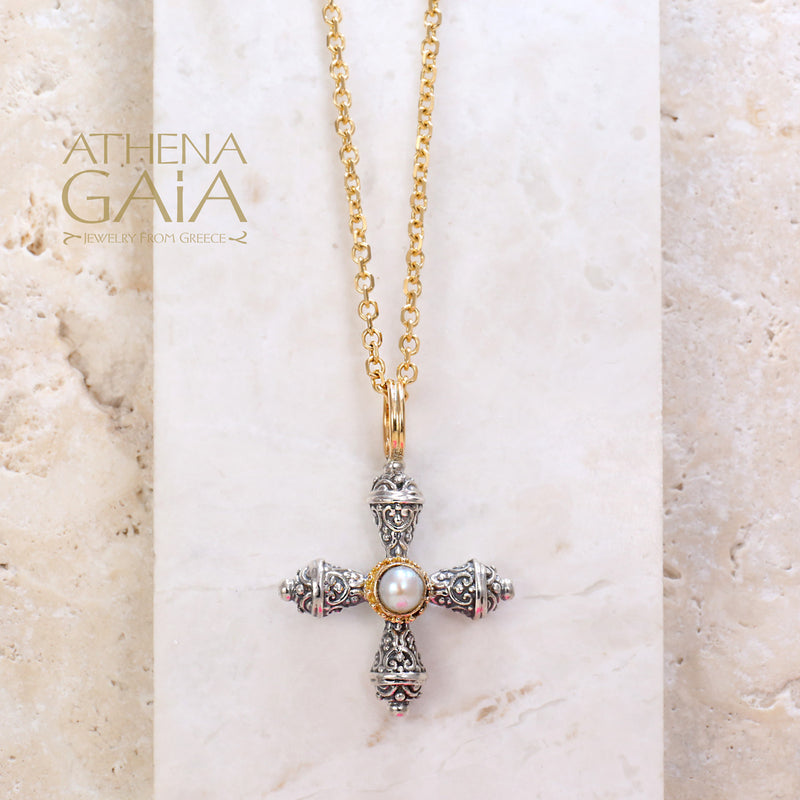 Micro Prairie Stone Pomme Cross - 18k Gold and Sterling Silver - Cross Necklace