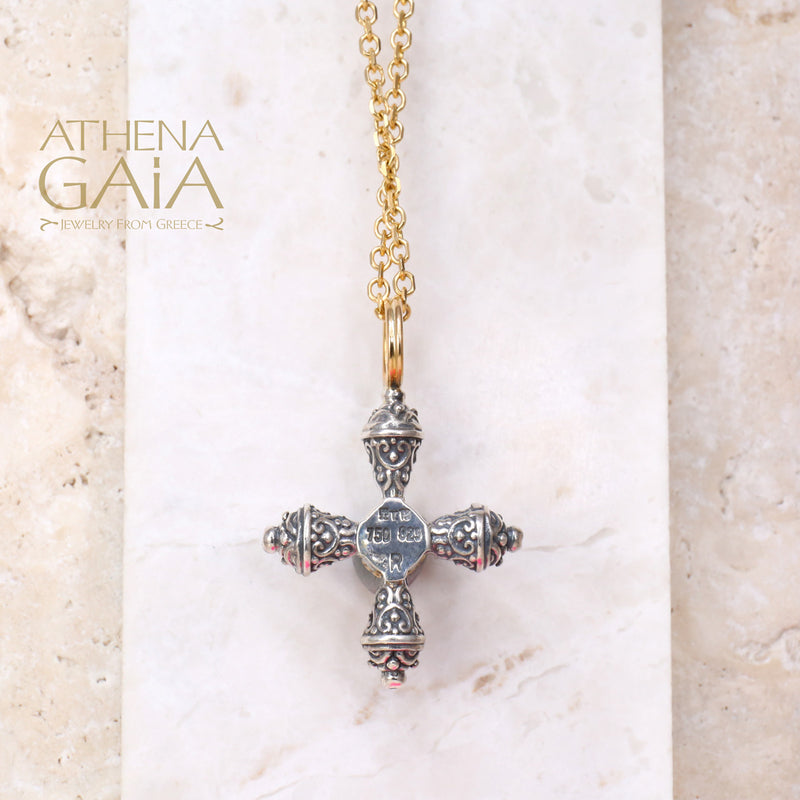 Micro Prairie Stone Pomme Cross - 18k Gold and Sterling Silver - Cross Necklace