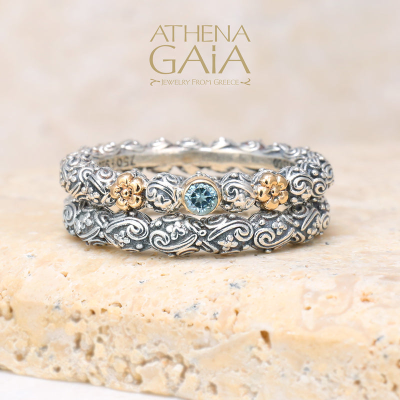 Wild Flowers Round Stone Accent Ring - 18k Gold & Sterling Silver Ring - Stackable Ring