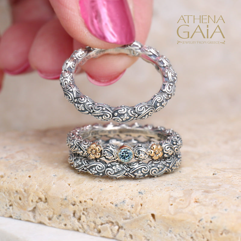 Wild Flowers Round Stone Accent Ring - 18k Gold & Sterling Silver Ring - Stackable Ring