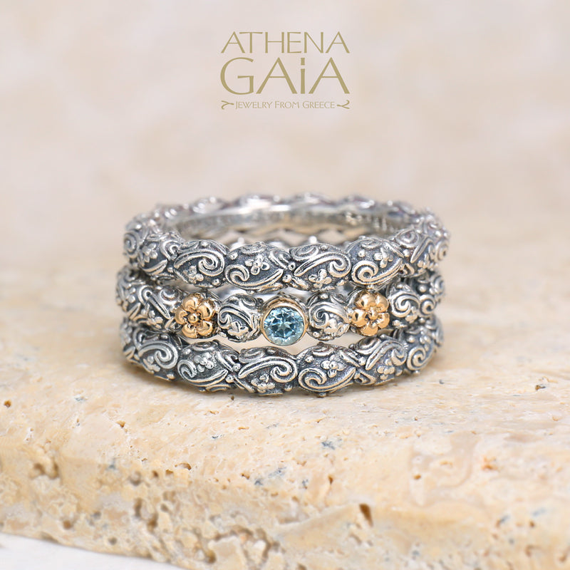 Wild Flowers Round Stone Accent Ring - 18k Gold & Sterling Silver Ring - Stackable Ring