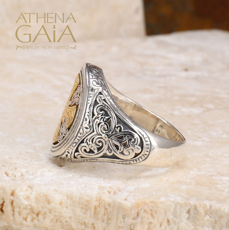 Gerochristo Cross Ring - 18k Gold & Sterling Silver Ring - Signet Ring