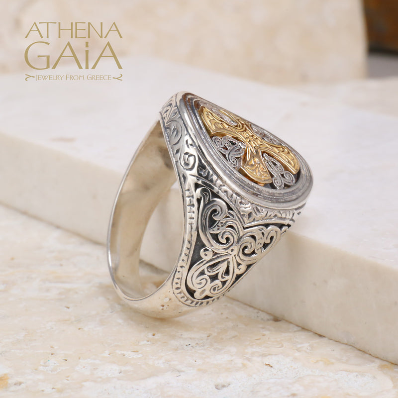 Gerochristo Cross Ring - 18k Gold & Sterling Silver Ring - Signet Ring