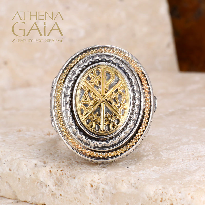 Chi Rho Crosier Oval Locket Ring - 18k Gold & Sterling Silver Ring - Cocktail Ring