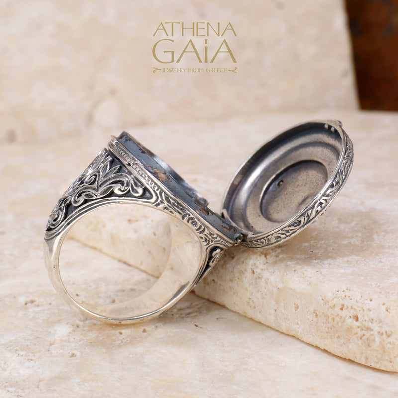 Chi Rho Crosier Oval Locket Ring - 18k Gold & Sterling Silver Ring - Cocktail Ring