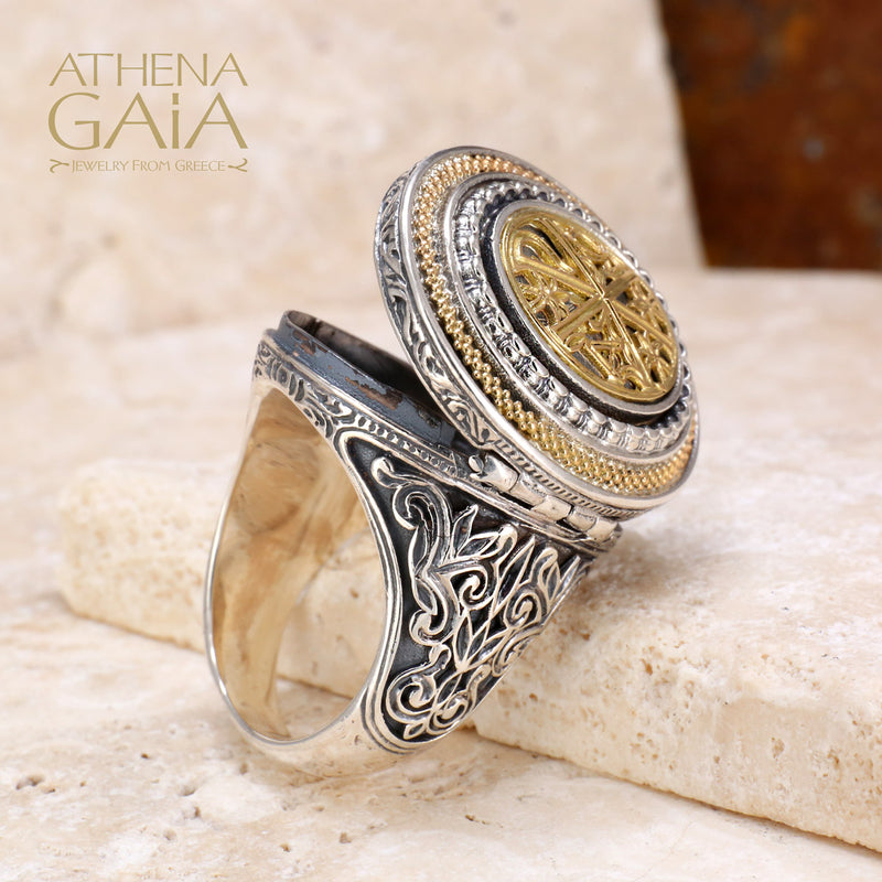 Chi Rho Crosier Oval Locket Ring - 18k Gold & Sterling Silver Ring - Cocktail Ring