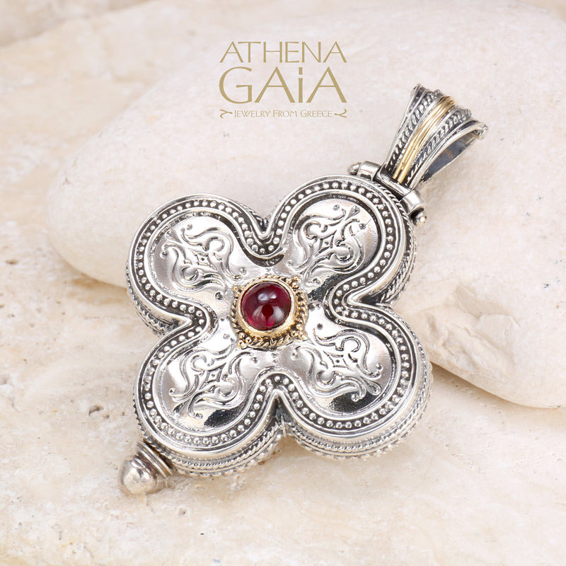 Clover Stone Locket Pendant - 18k Gold & Sterling Silver Pendant